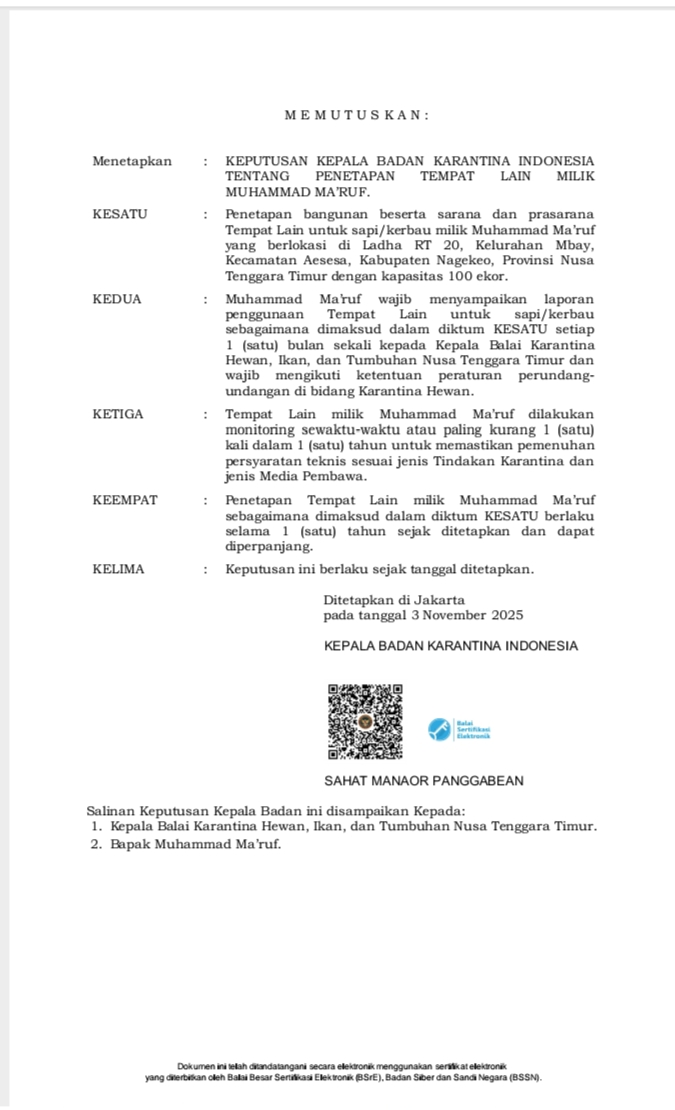 surat keputusan karantina pusat