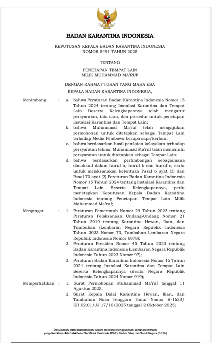 surat keputusan karantina pusat